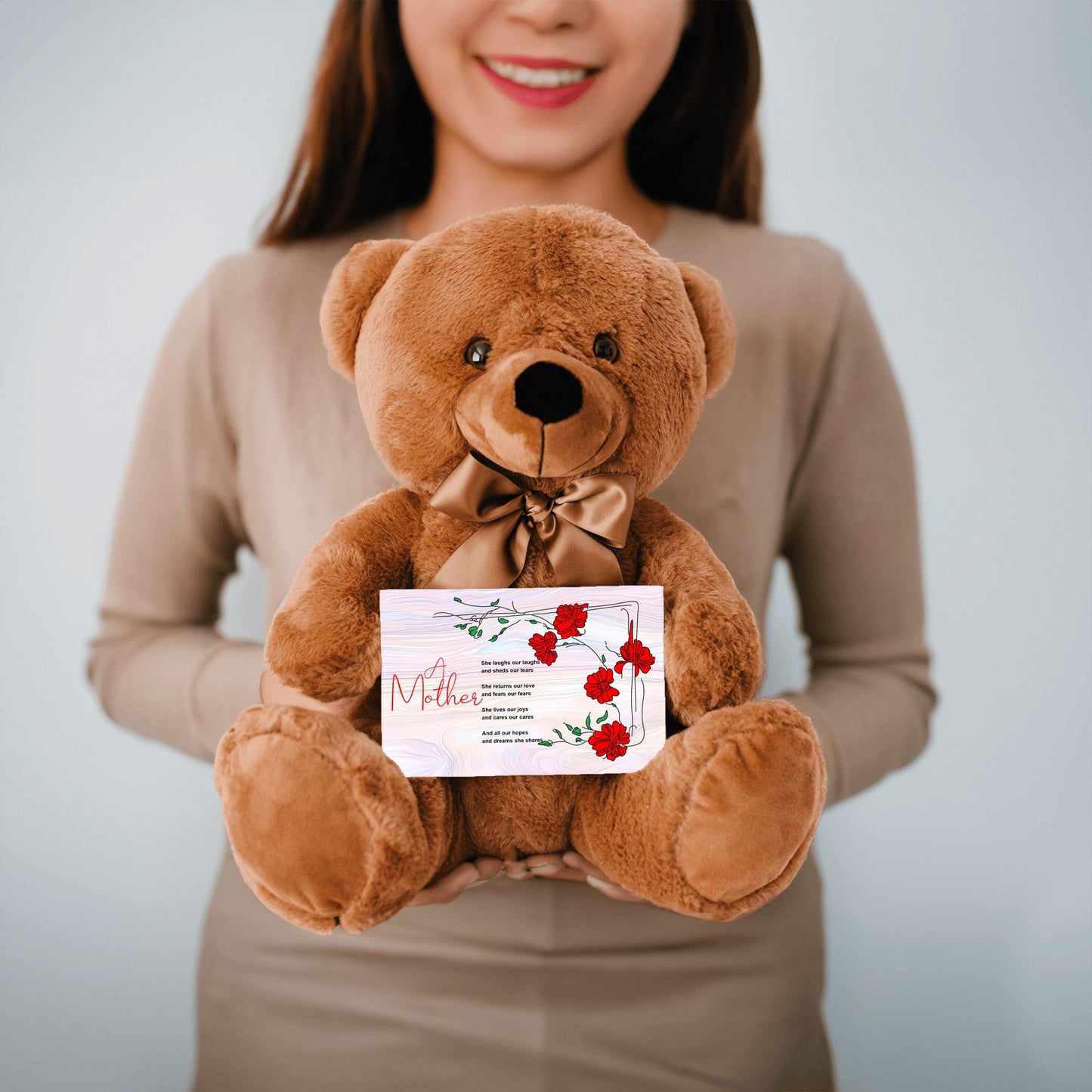 A Mother Poem - Teddy Bear With 6x4 Canvas Message Card, Pastel Wood Background