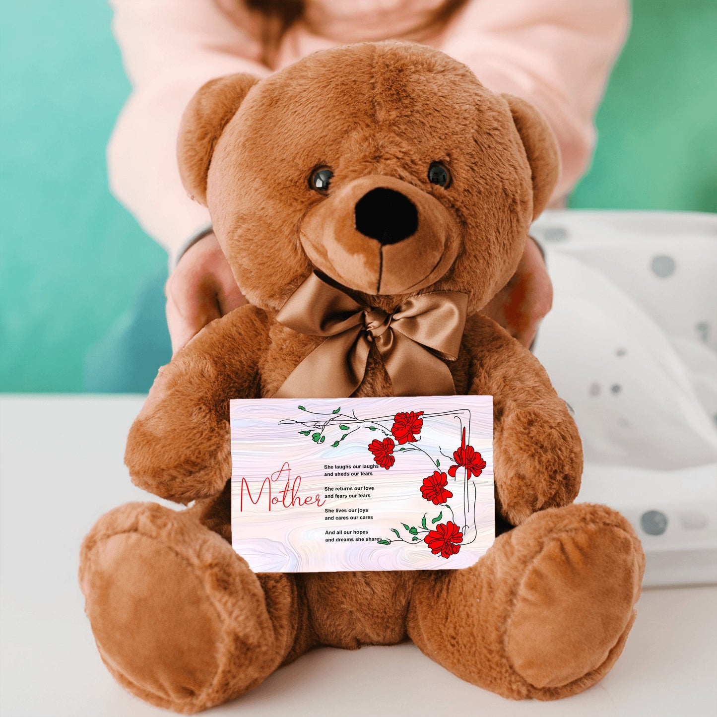 A Mother Poem - Teddy Bear With 6x4 Canvas Message Card, Pastel Wood Background