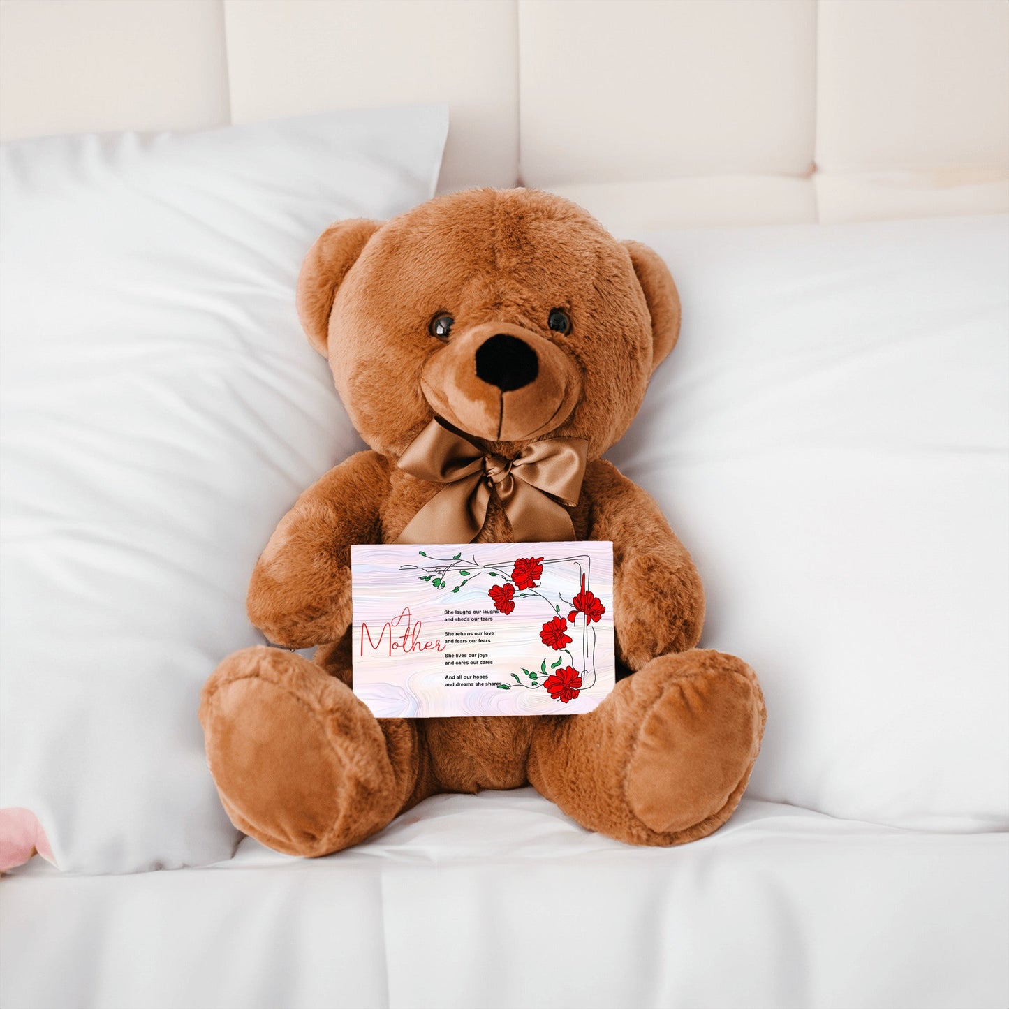 A Mother Poem - Teddy Bear With 6x4 Canvas Message Card, Pastel Wood Background