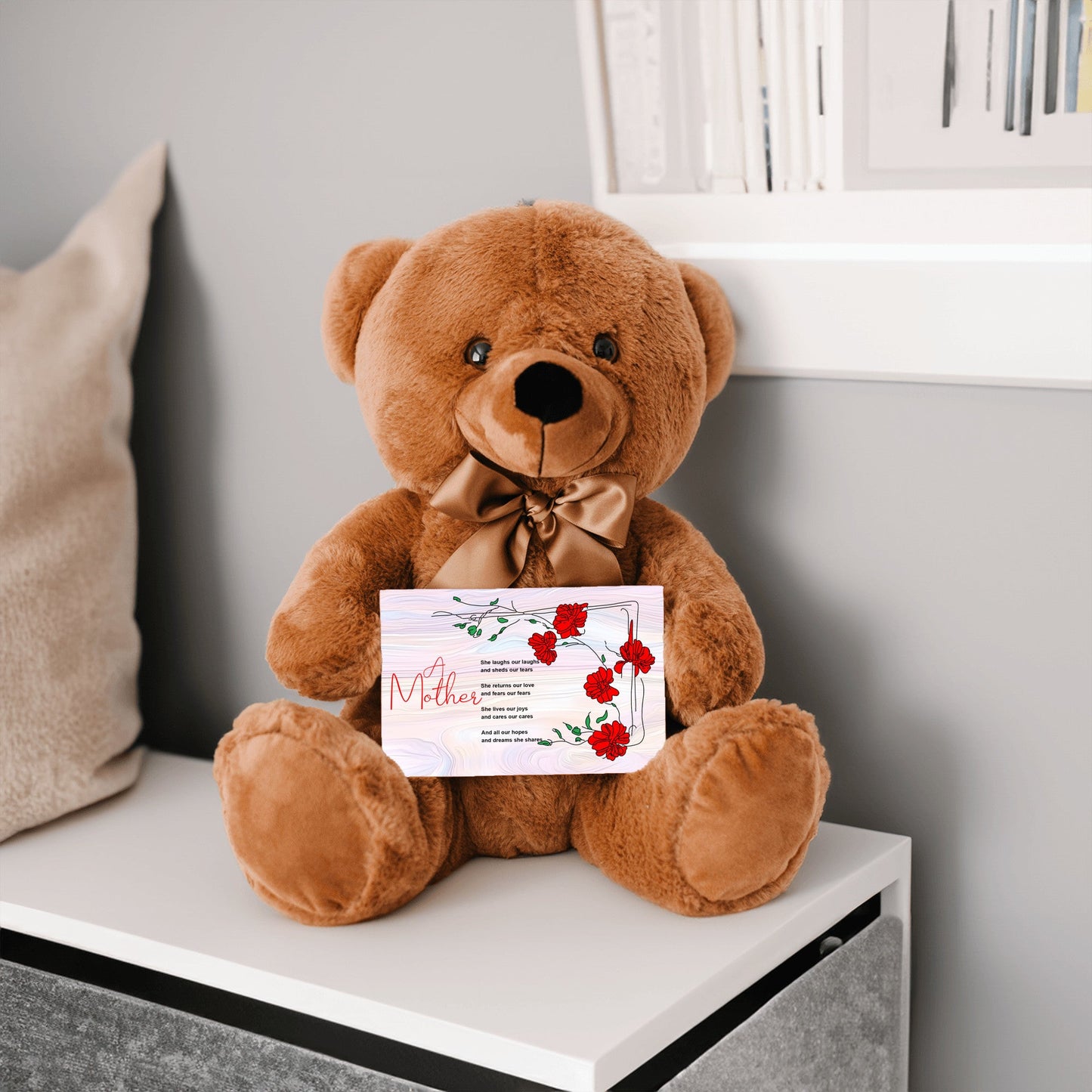 A Mother Poem - Teddy Bear With 6x4 Canvas Message Card, Pastel Wood Background