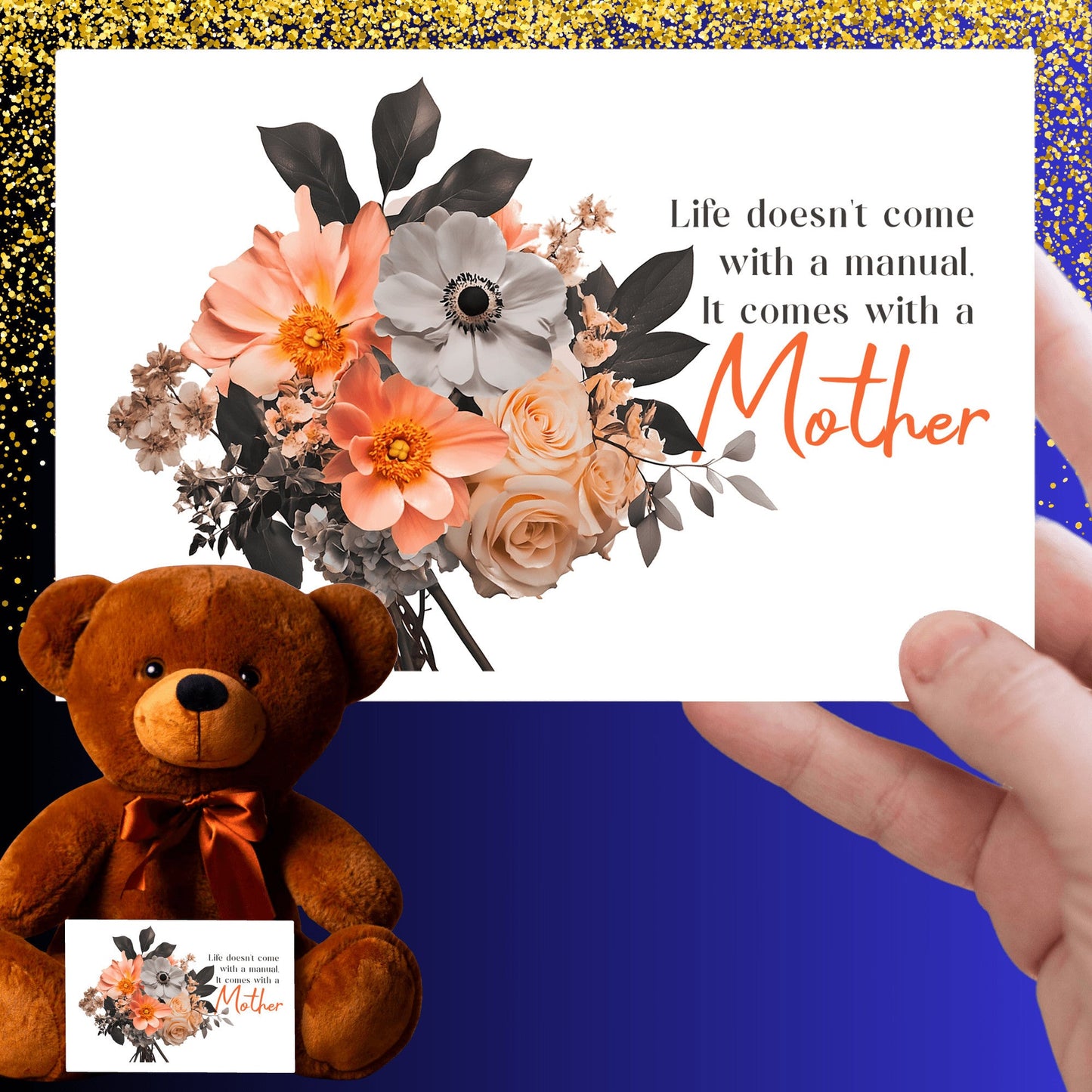 Life Comes With A Mother - Teddy Bear with 6x4 Canvas Message Card