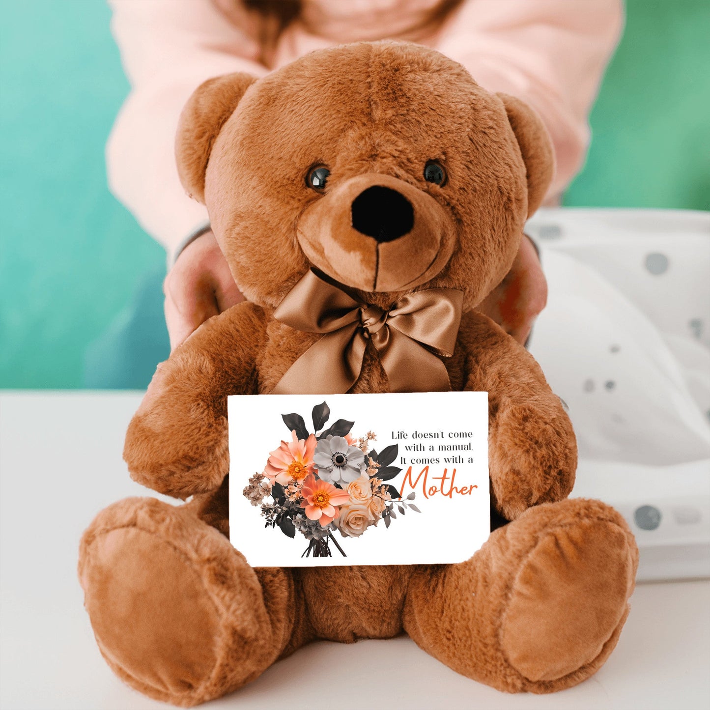 Life Comes With A Mother - Teddy Bear with 6x4 Canvas Message Card