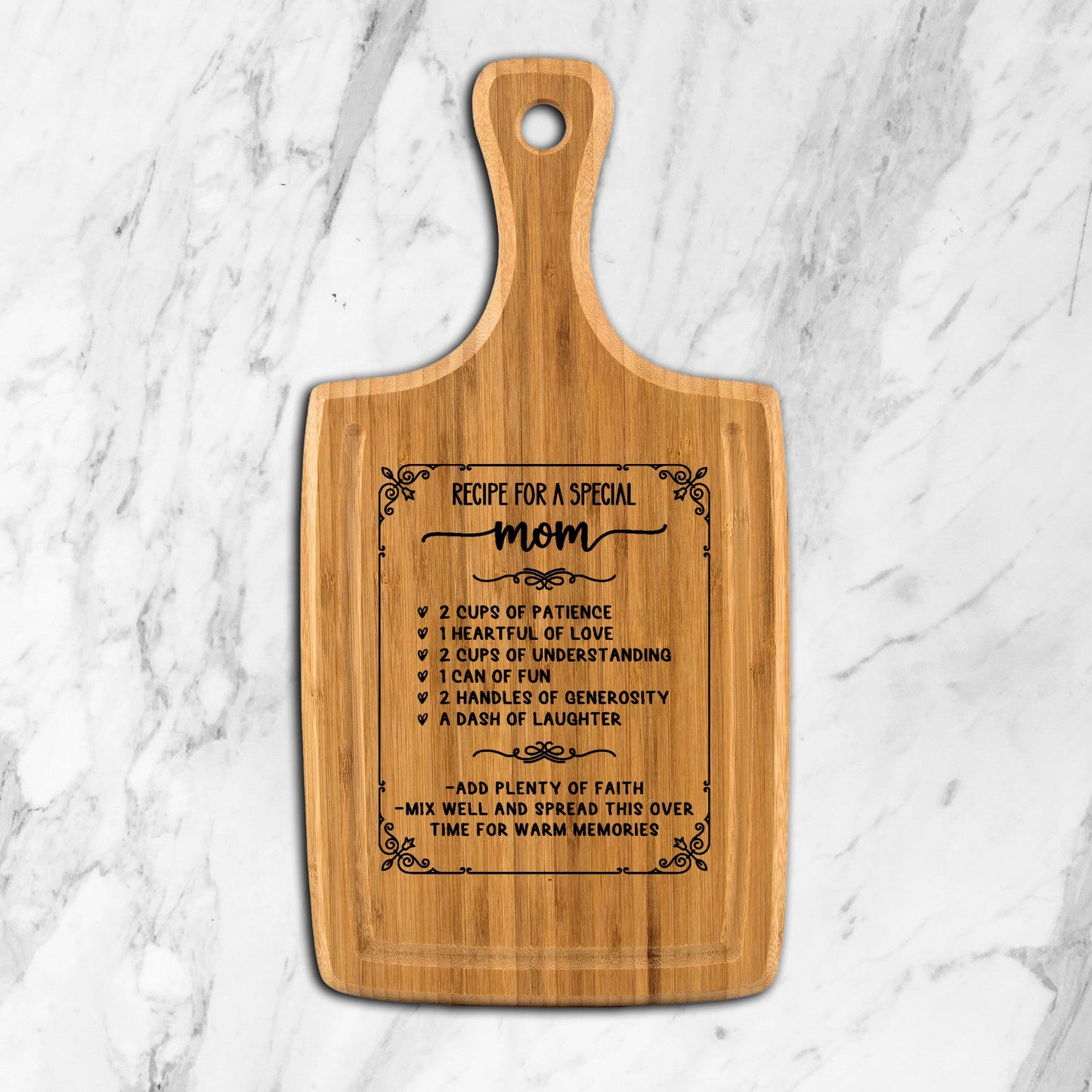 Mom Love Recipe - Cutting Board, Laser Engraved with Handle & Juice Grooves, 9"x17" incl. handle