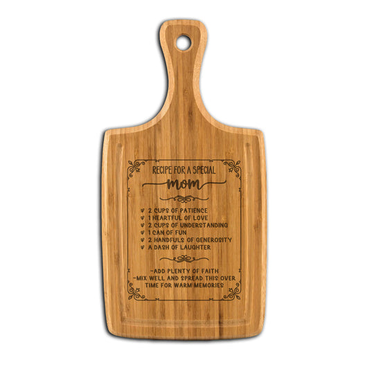 Mom Love Recipe - Cutting Board, Laser Engraved with Handle & Juice Grooves, 9"x17"