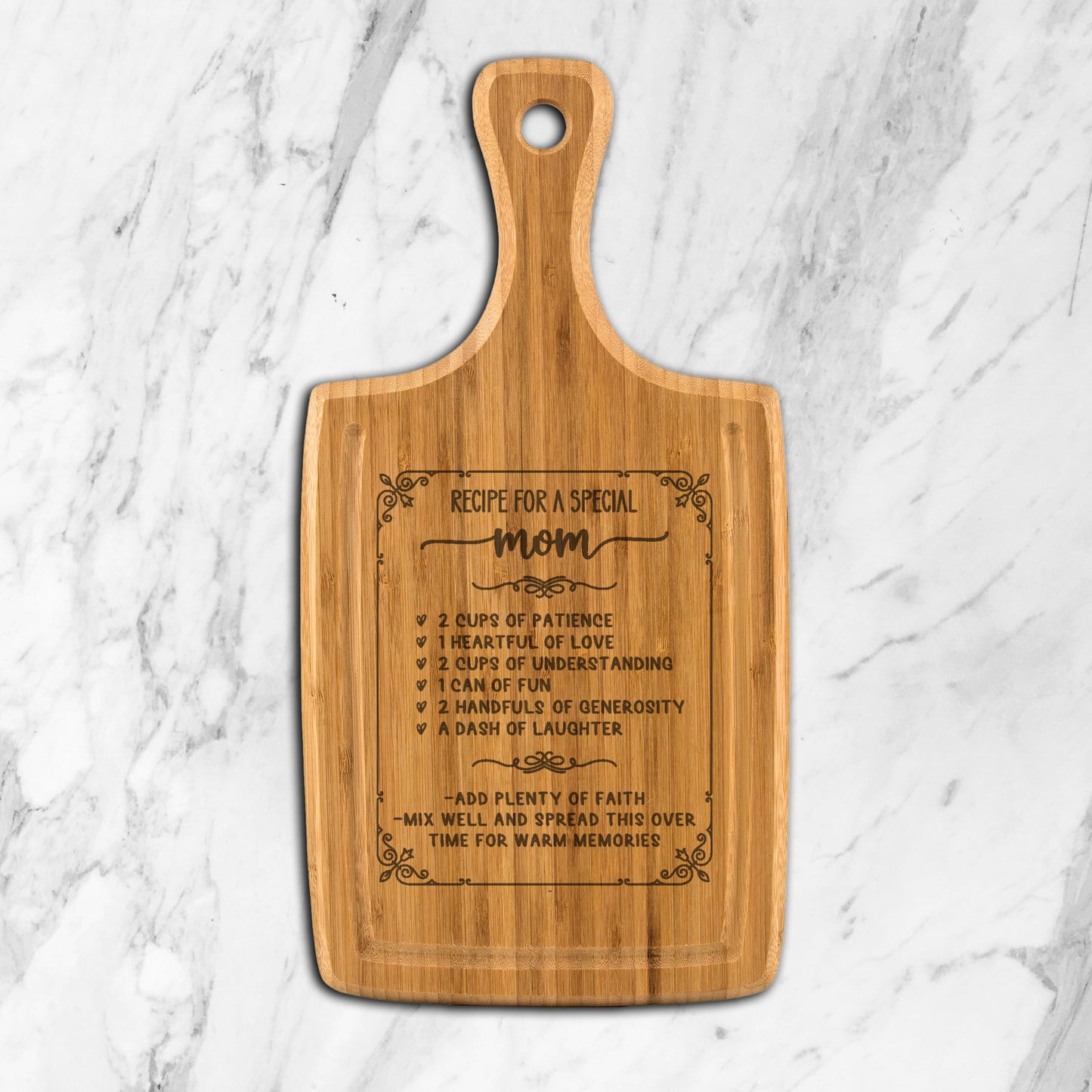 Mom Love Recipe - Cutting Board, Laser Engraved with Handle & Juice Grooves, 9"x17"