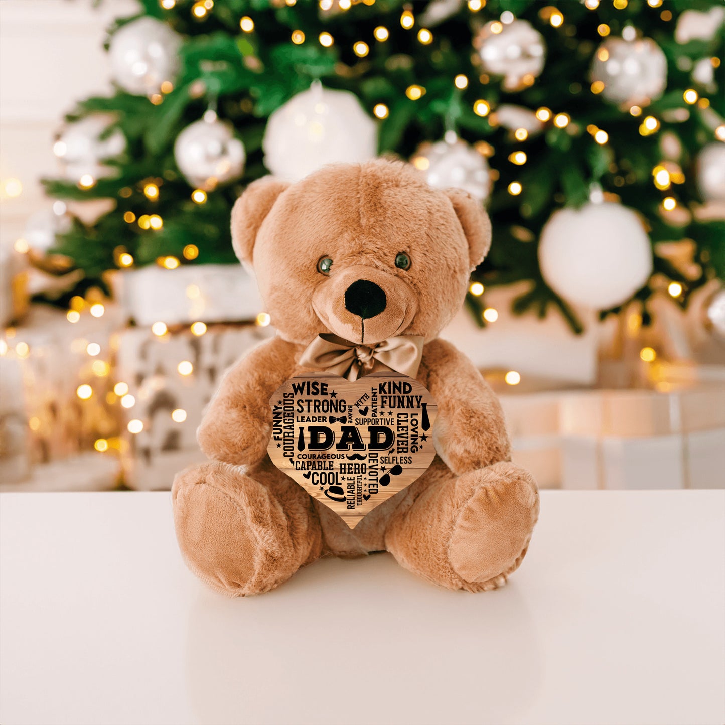Teddy Bear with Heart Shaped DAD Word Art MDF Sign, Wood Background