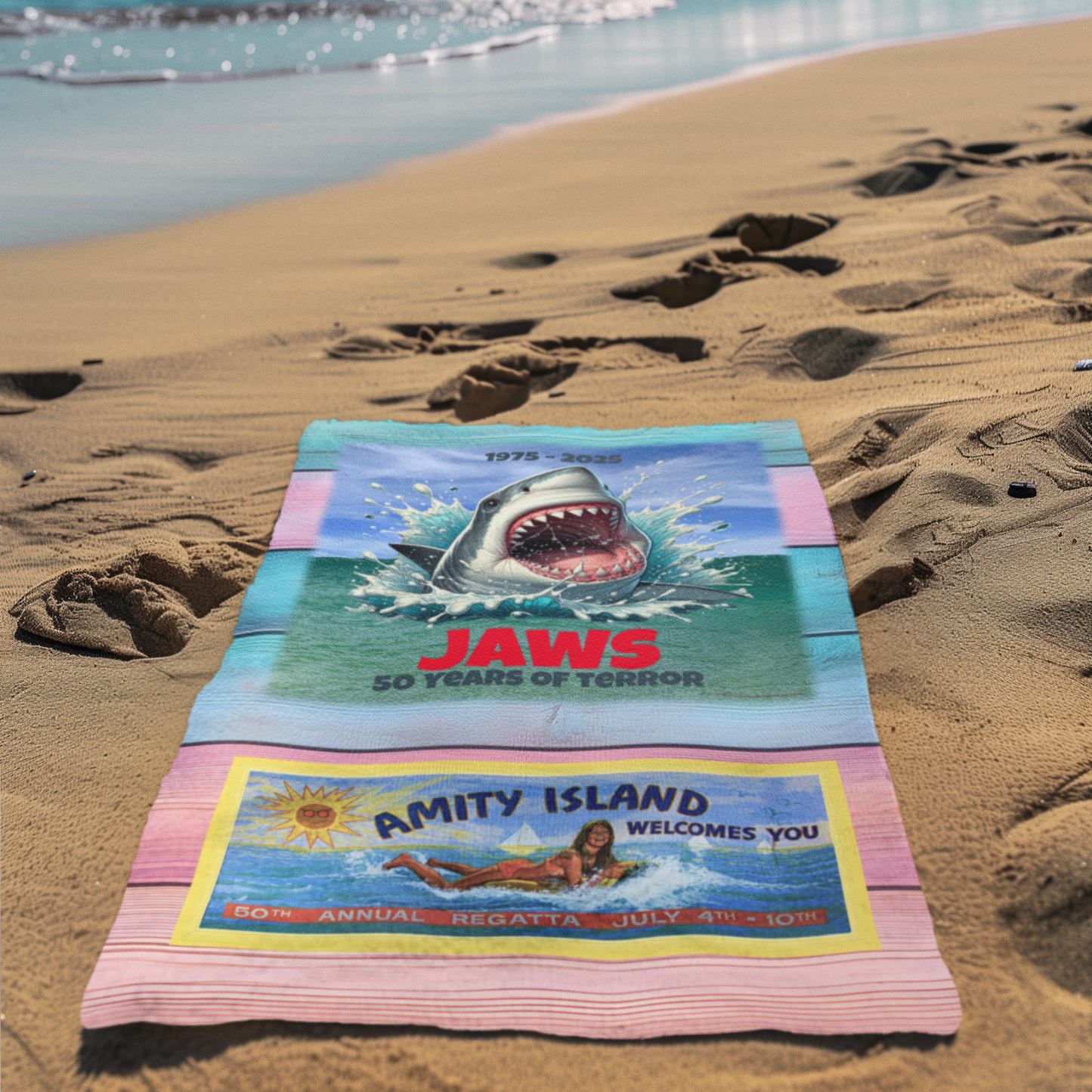JAWS - 50 Years of Terror & Amity Billboard, Beach Towel